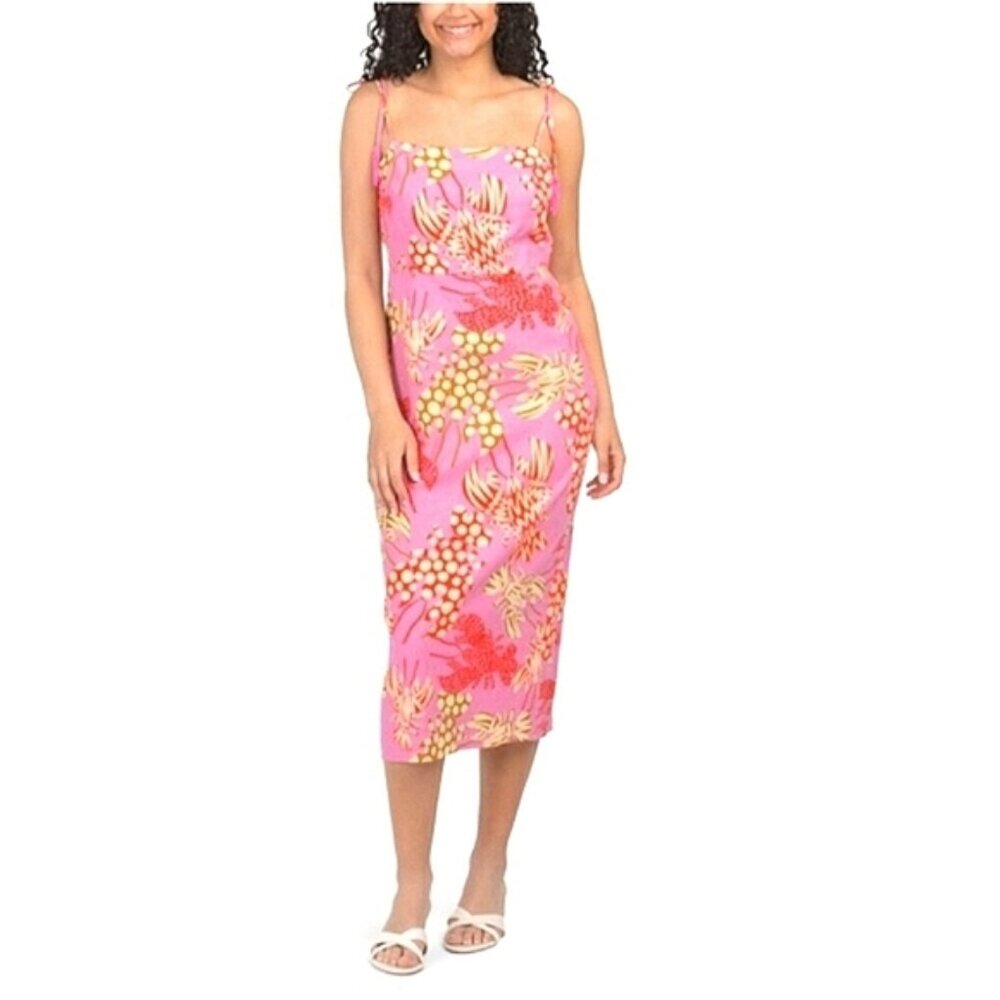 Rachel Zoe Lobster Print Midi Dress XL NWOT Pink Tropical Beaded Tassel Straps